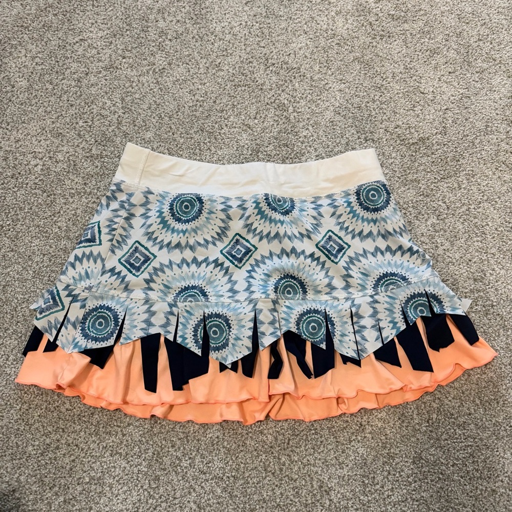 Sofibella Blue Patterned Mini Skirt with Peach Ruffle Medium